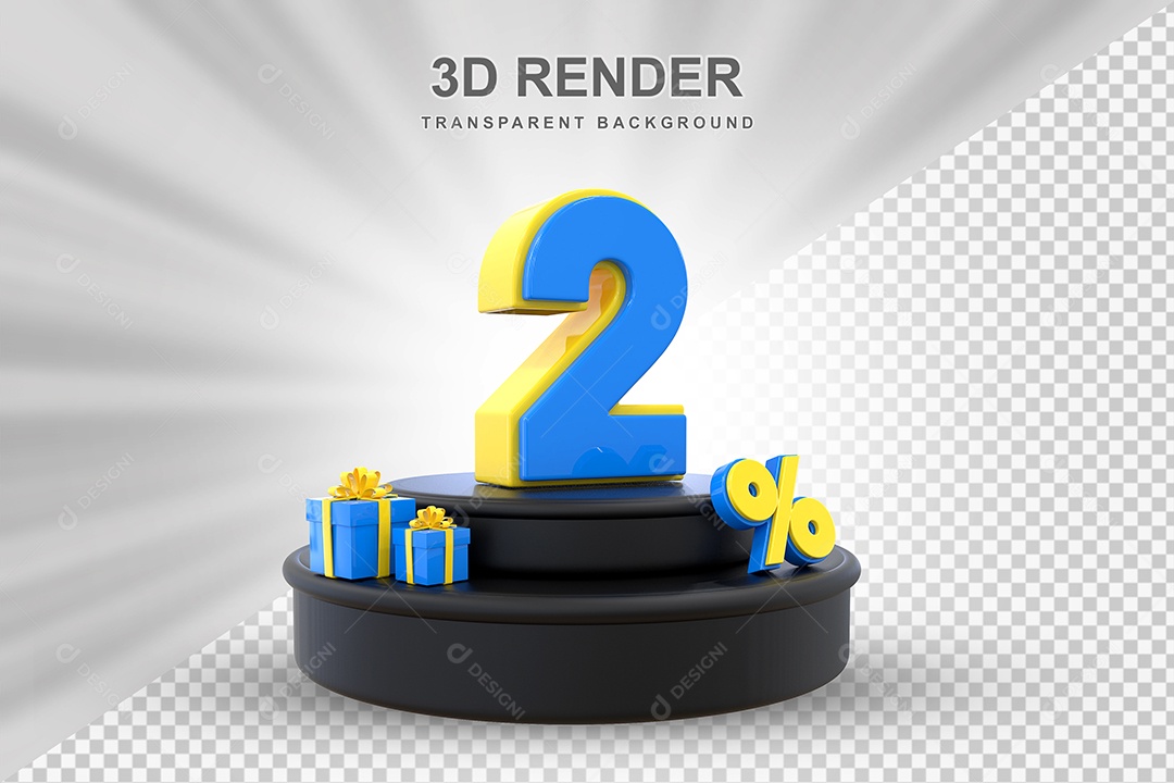 Pódio de Desconto 2% Azul e Amarelo Elemento 3D para Composição PSD