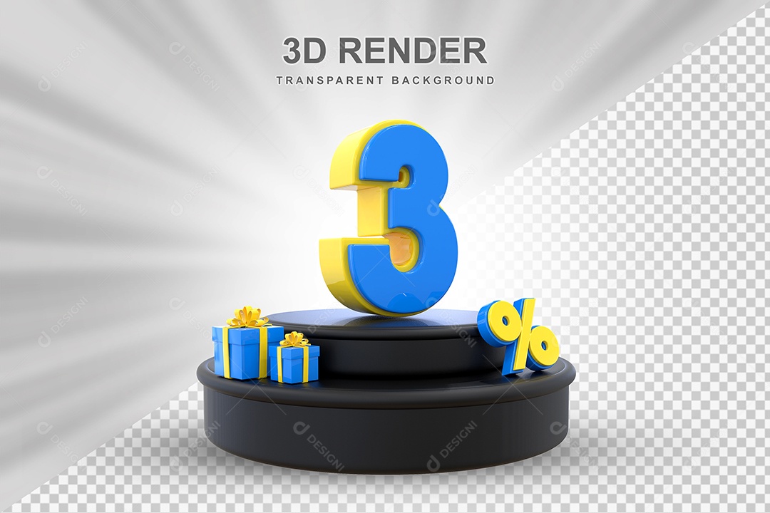 Pódio de Desconto 3% Azul e Amarelo Elemento 3D para Composição PSD