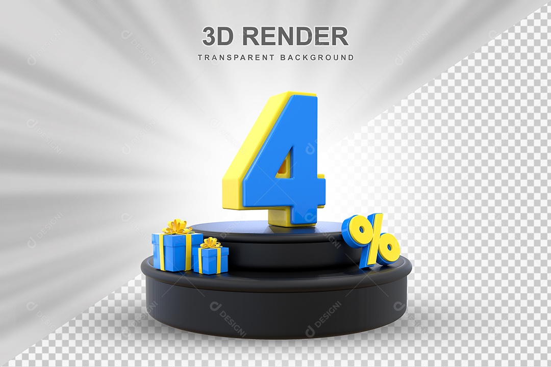 Pódio de Desconto 4% Azul e Amarelo Elemento 3D para Composição PSD