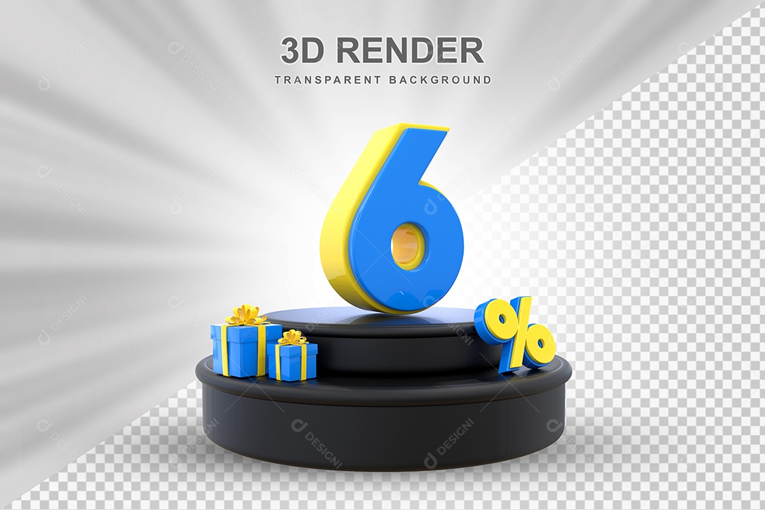 Pódio de Desconto 6% Azul e Amarelo Elemento 3D para Composição PSD