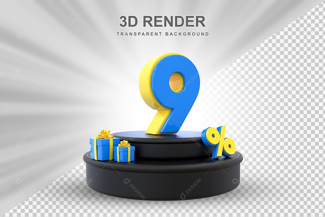 Pódio de Desconto 9% Azul e Amarelo Elemento 3D para Composição PSD