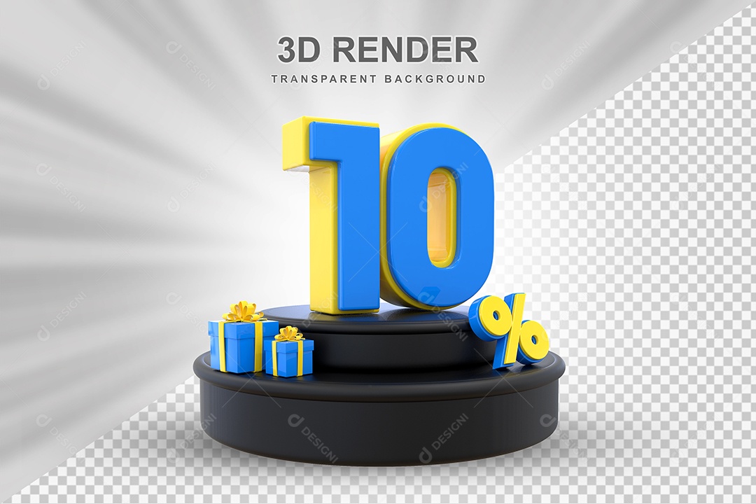 Pódio de Desconto 10% Azul e Amarelo Elemento 3D para Composição PSD