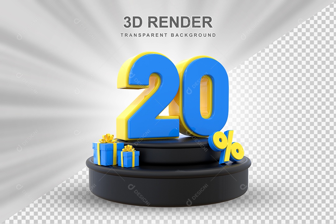 Pódio de Desconto 20% Azul e Amarelo Elemento 3D para Composição PSD
