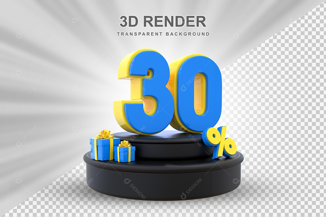 Pódio de Desconto 30% Azul e Amarelo Elemento 3D para Composição PSD