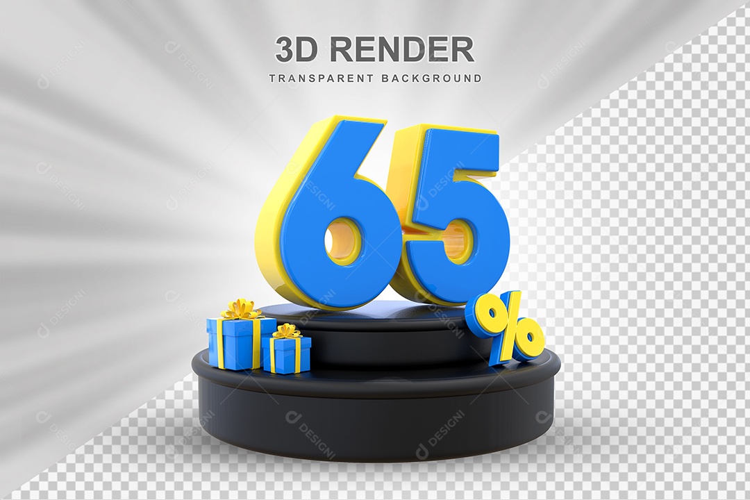 Pódio de Desconto 65% Azul e Amarelo Elemento 3D para Composição PSD
