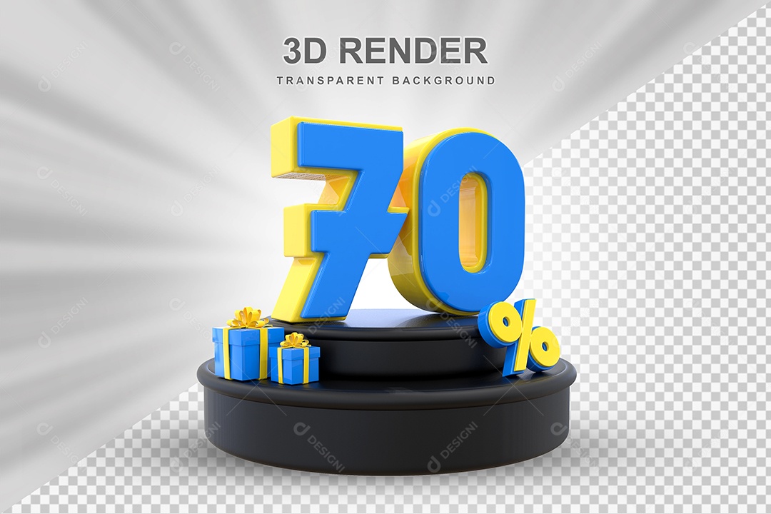Pódio de Desconto 70% Azul e Amarelo Elemento 3D para Composição PSD