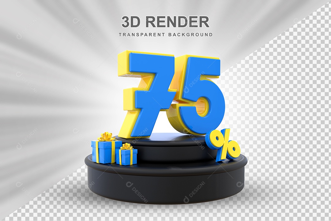Pódio de Desconto 75% Azul e Amarelo Elemento 3D para Composição PSD