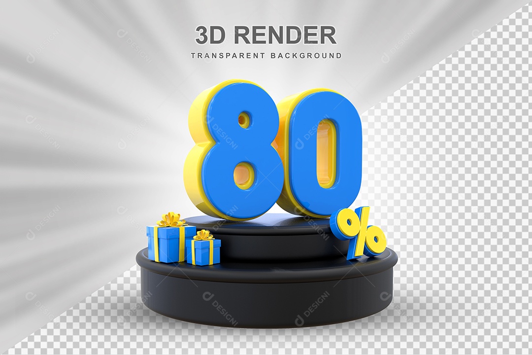 Pódio de Desconto 80% Azul e Amarelo Elemento 3D para Composição PSD