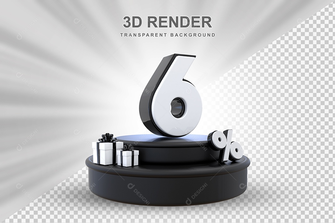 Pódio de Desconto 6% Preto e Branco Elemento 3D para Composição PSD