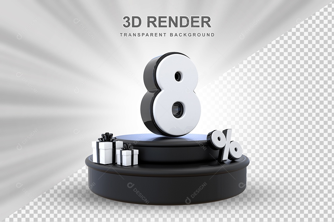 Pódio de Desconto 8% Preto e Branco Elemento 3D para Composição PSD