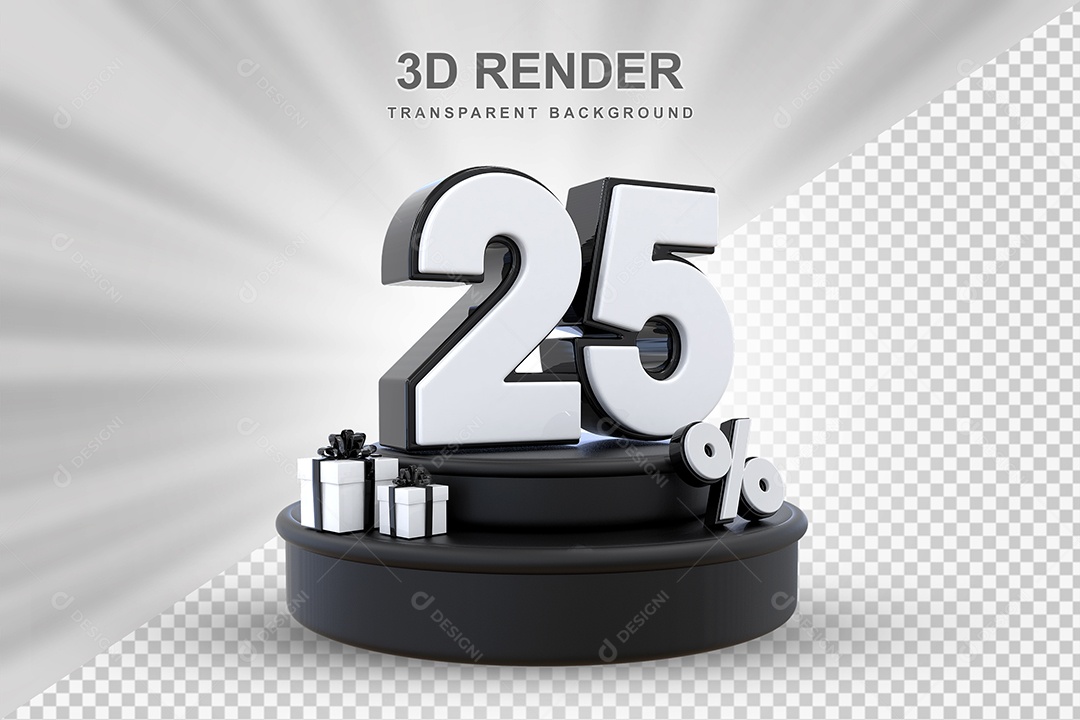 Pódio de Desconto 25% Preto e Branco Elemento 3D para Composição PSD