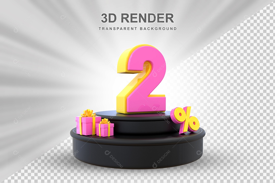 Pódio de Desconto 2% Amarelo e Rosa Elemento 3D para Composição PSD