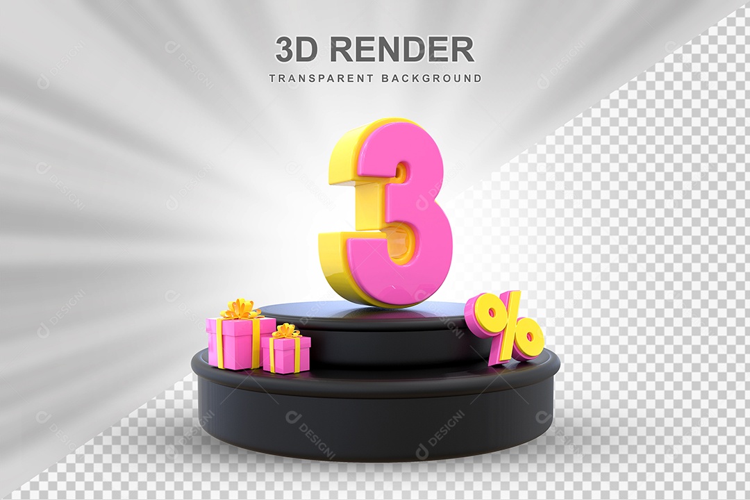 Pódio de Desconto 3% Amarelo e Rosa Elemento 3D para Composição PSD