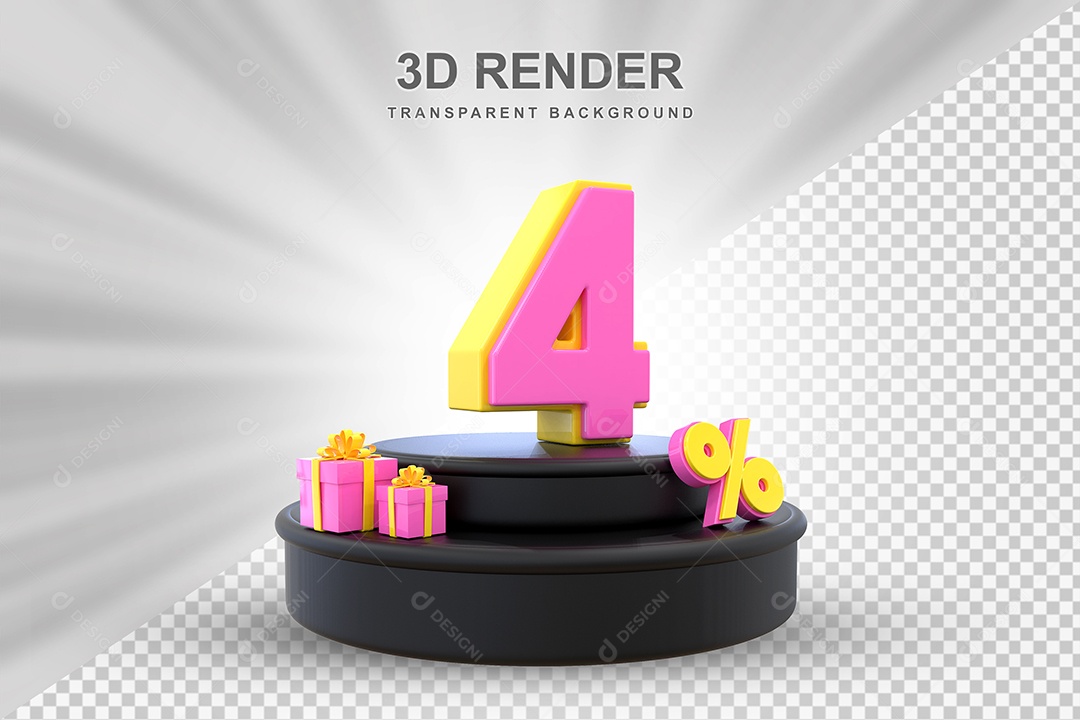 Pódio de Desconto 4% Amarelo e Rosa Elemento 3D para Composição PSD