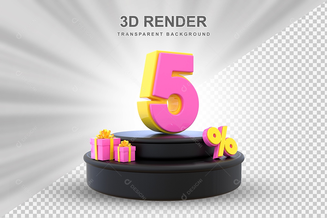 Pódio de Desconto 5% Amarelo e Rosa Elemento 3D para Composição PSD