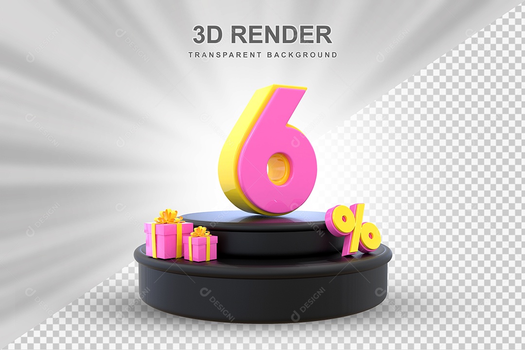 Pódio de Desconto 6% Amarelo e Rosa Elemento 3D para Composição PSD