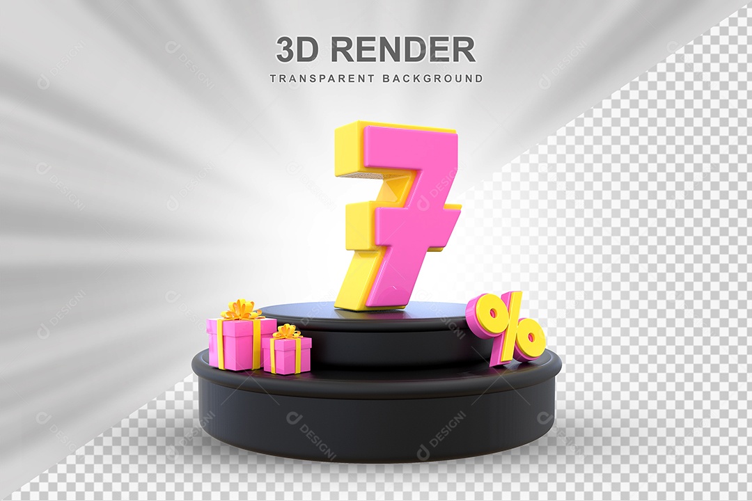 Pódio de Desconto 7% Amarelo e Rosa Elemento 3D para Composição PSD
