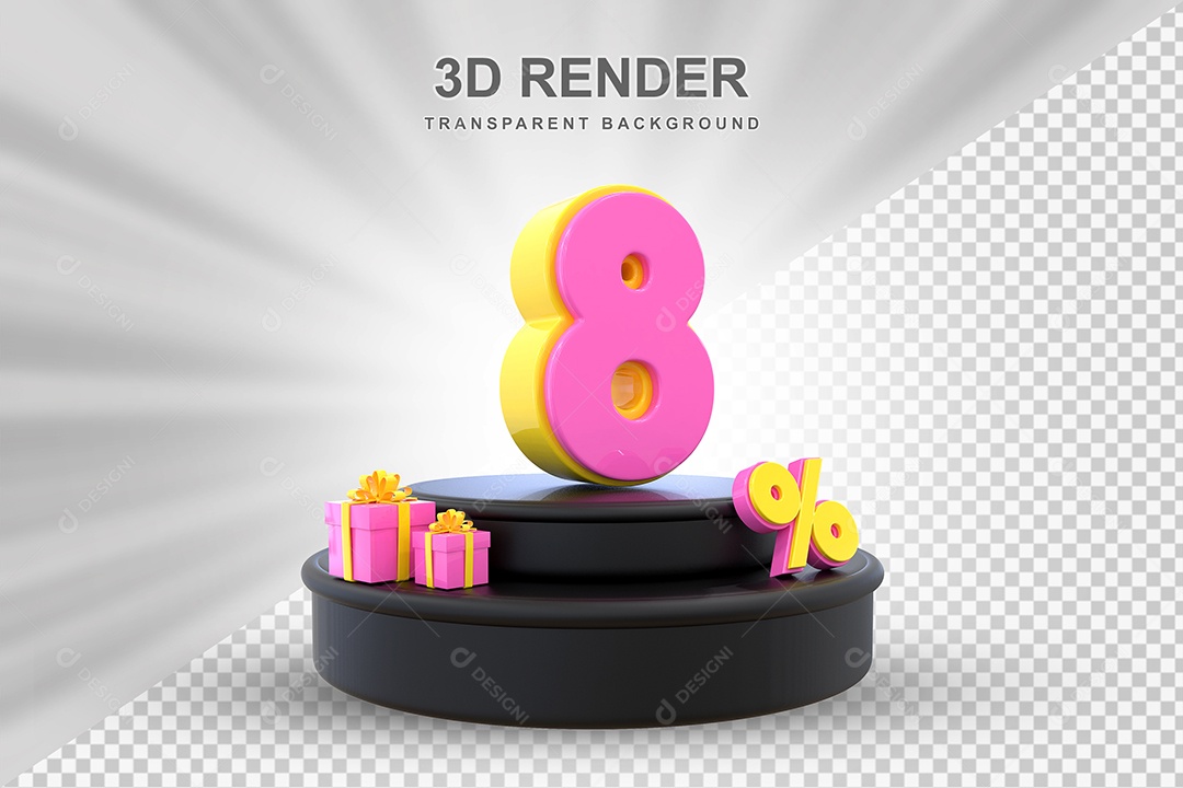 Pódio de Desconto 8% Amarelo e Rosa Elemento 3D para Composição PSD