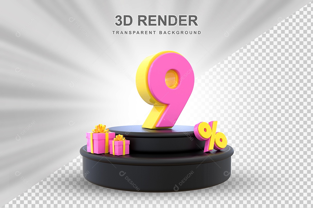 Pódio de Desconto 9% Amarelo e Rosa Elemento 3D para Composição PSD