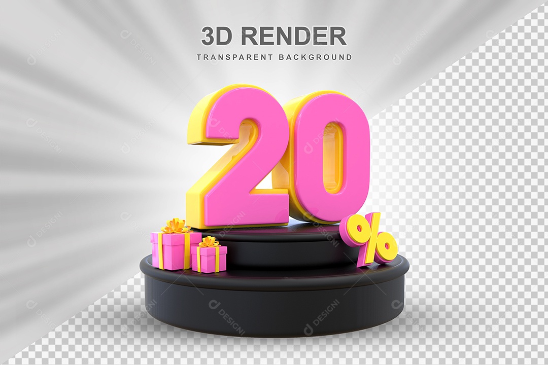 Pódio de Desconto 20% Amarelo e Rosa Elemento 3D para Composição PSD