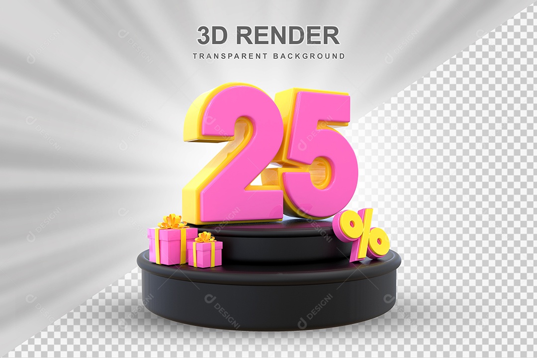 Pódio de Desconto 25% Amarelo e Rosa Elemento 3D para Composição PSD