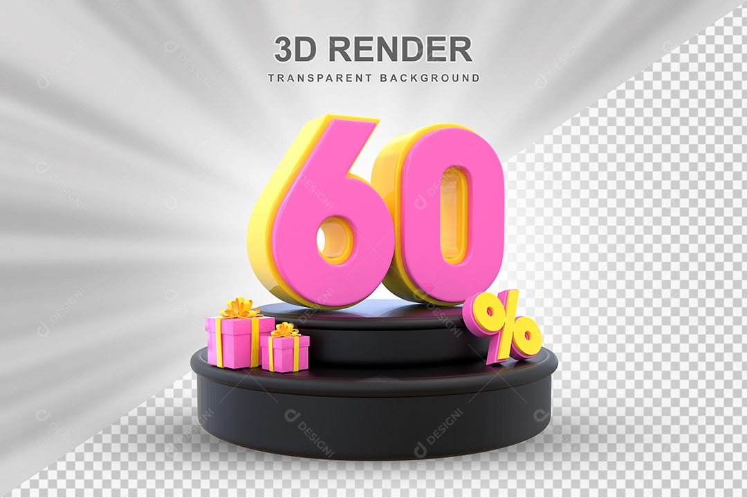 Pódio de Desconto 60% Amarelo e Rosa Elemento 3D para Composição PSD
