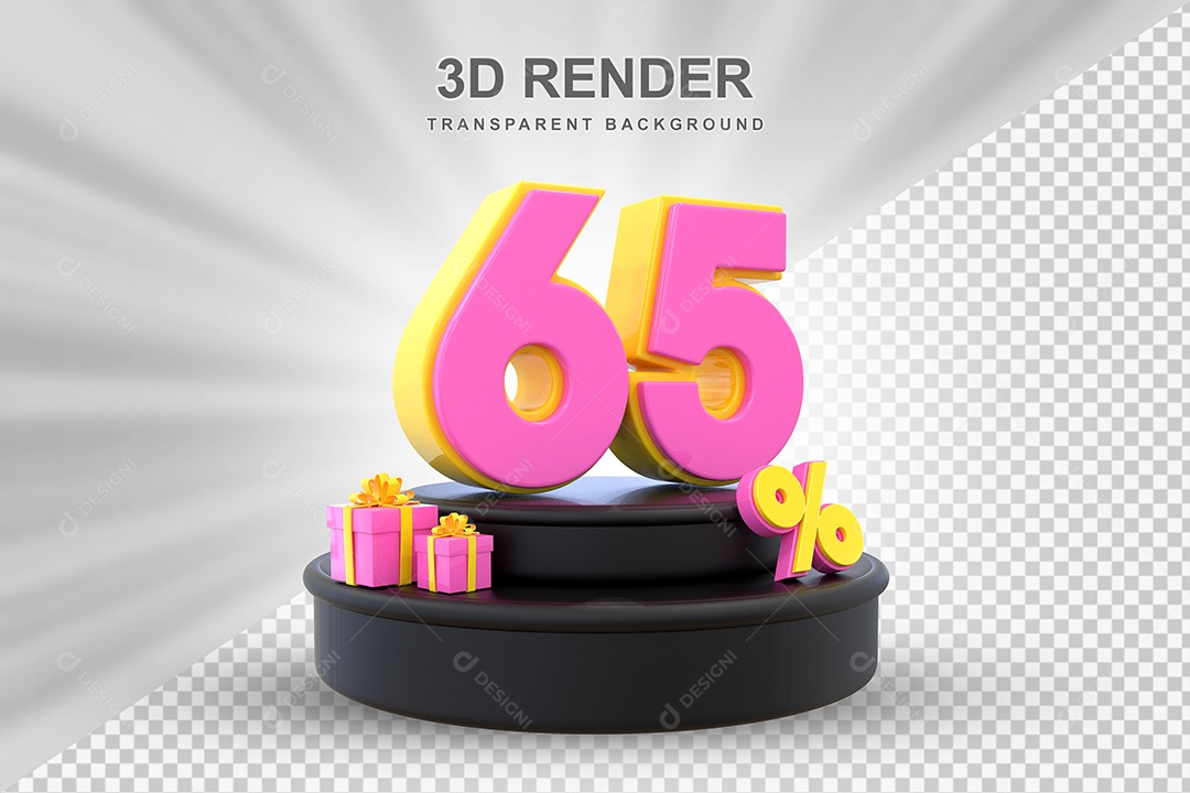 Pódio de Desconto 65% Amarelo e Rosa Elemento 3D para Composição PSD