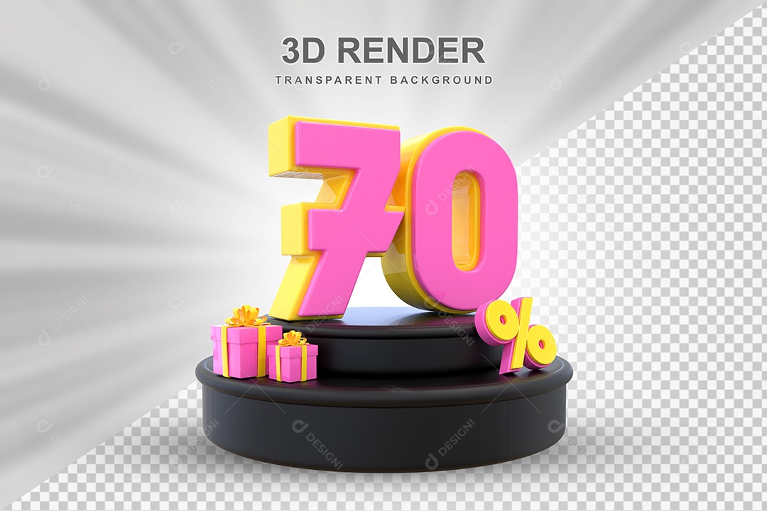 Pódio de Desconto 70% Amarelo e Rosa Elemento 3D para Composição PSD