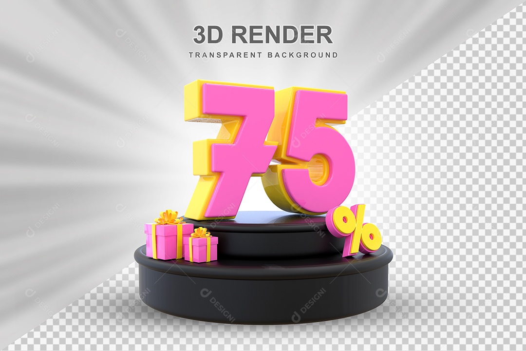 Pódio de Desconto 75% Amarelo e Rosa Elemento 3D para Composição PSD