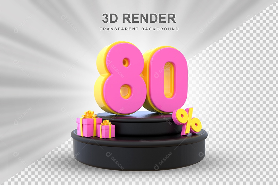 Pódio de Desconto 80% Amarelo e Rosa Elemento 3D para Composição PSD
