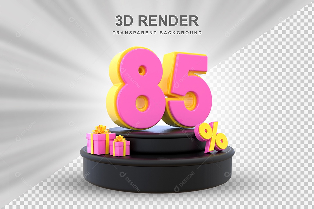 Pódio de Desconto 85% Amarelo e Rosa Elemento 3D para Composição PSD