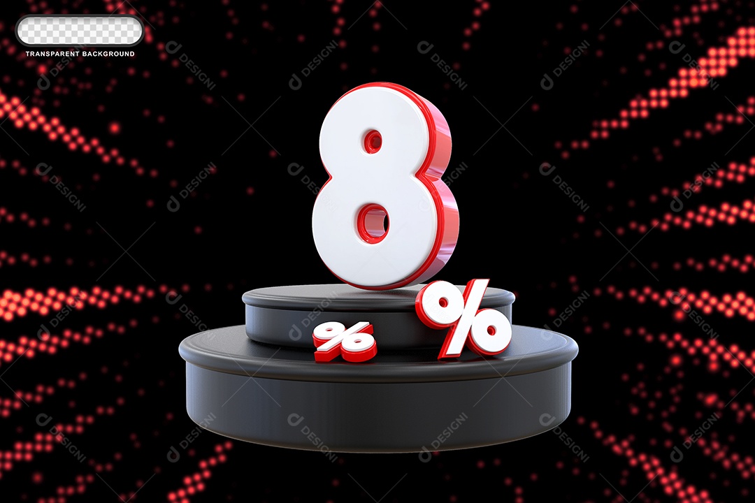 Pódio de Desconto 8% Branco e Vermelho Elemento 3D para Composição PSD