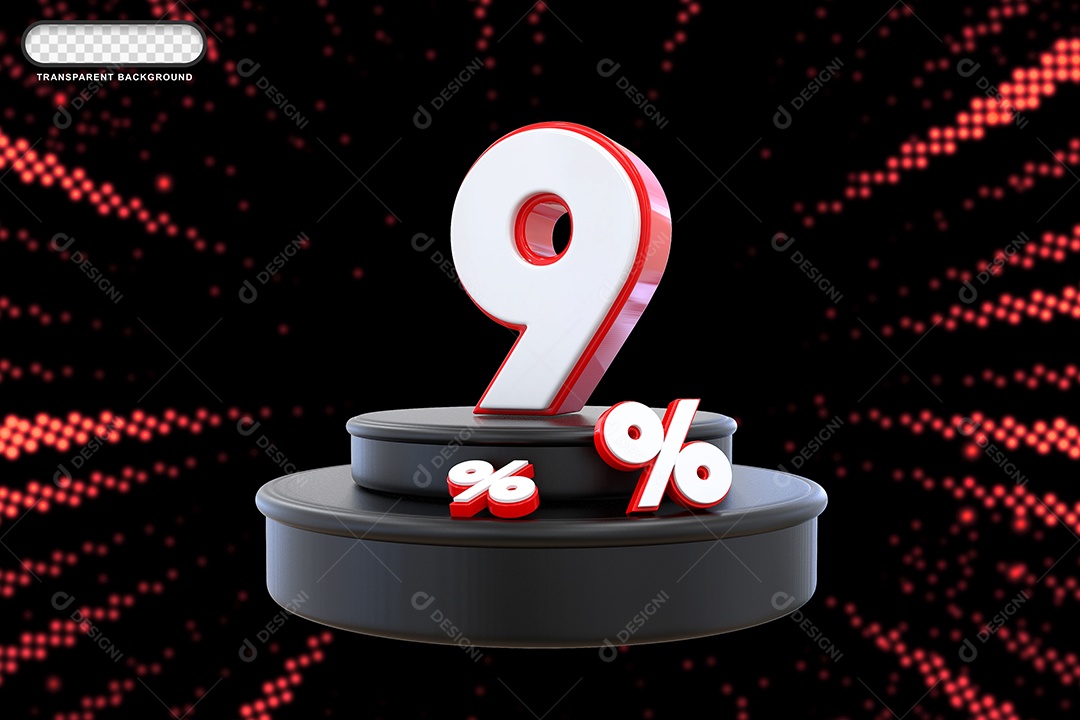 Pódio de Desconto 9% Branco e Vermelho Elemento 3D para Composição PSD