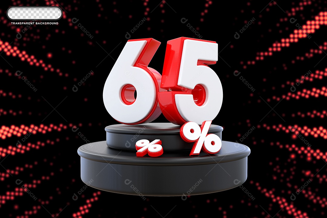 Pódio de Desconto 65% Branco e Vermelho Elemento 3D para Composição PSD