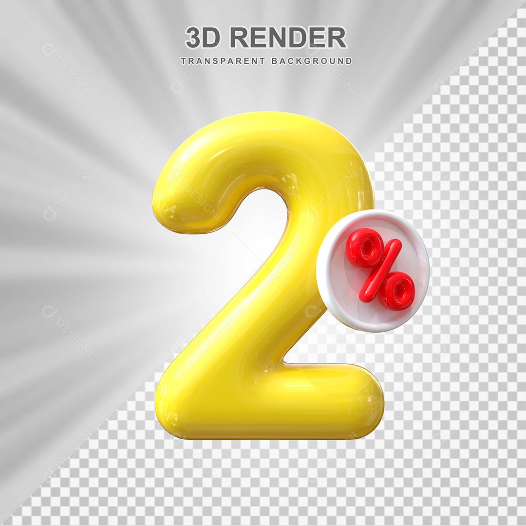 Número de Desconto 2% Elemento 3D Amarelo para Composição PSD