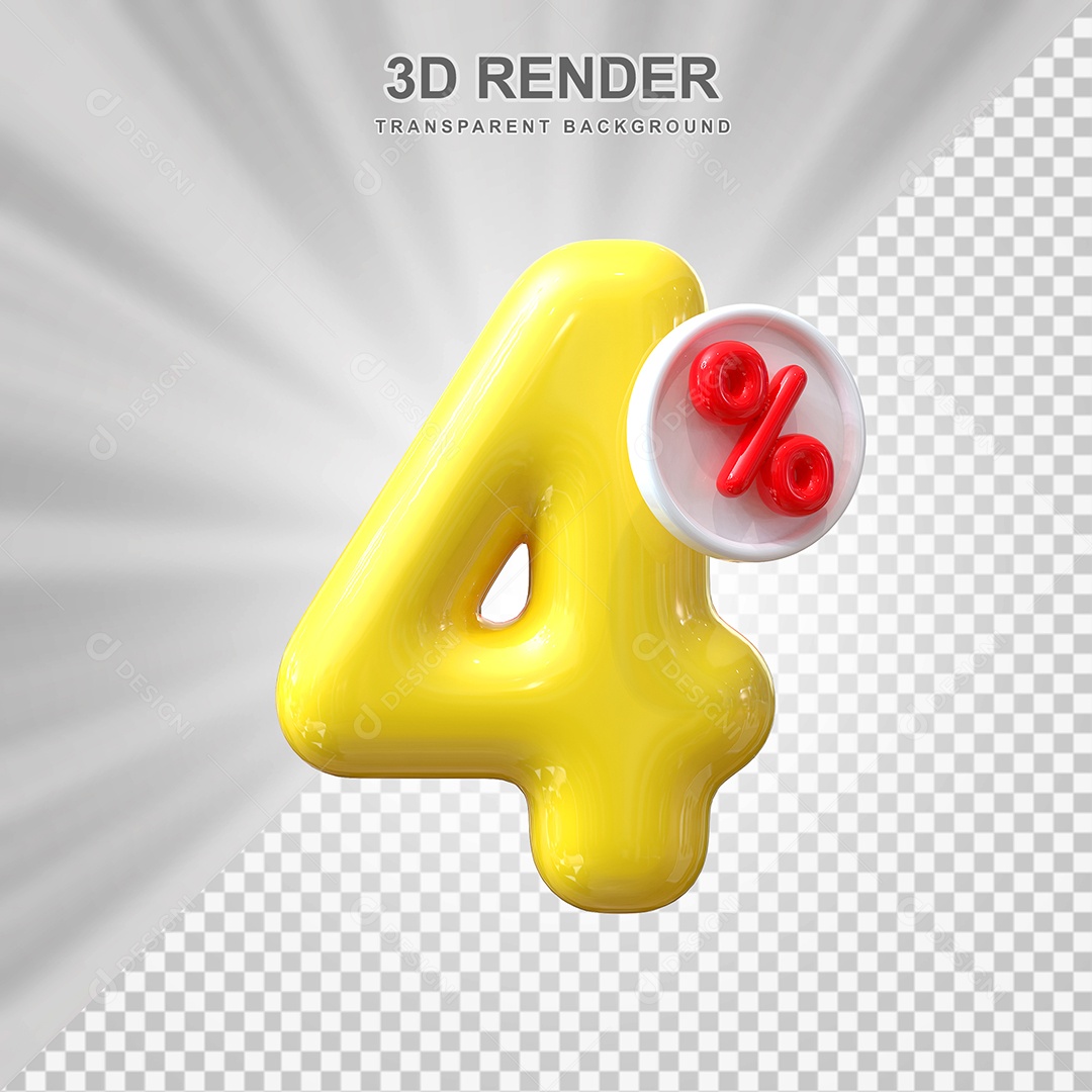 Número de Desconto 4% Elemento 3D Amarelo para Composição PSD
