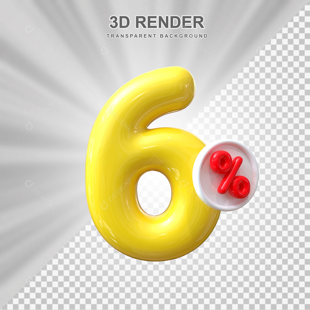 Número de Desconto 6% Elemento 3D Amarelo para Composição PSD