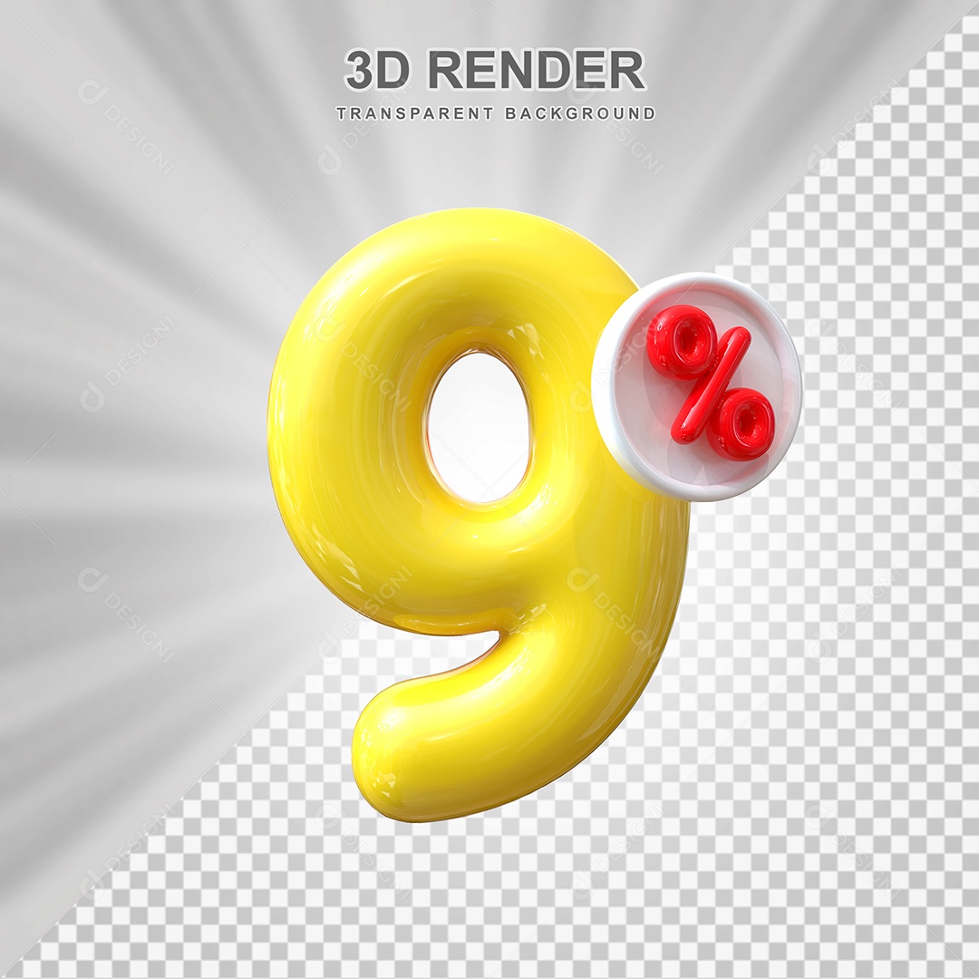 Número de Desconto 9% Elemento 3D Amarelo para Composição PSD