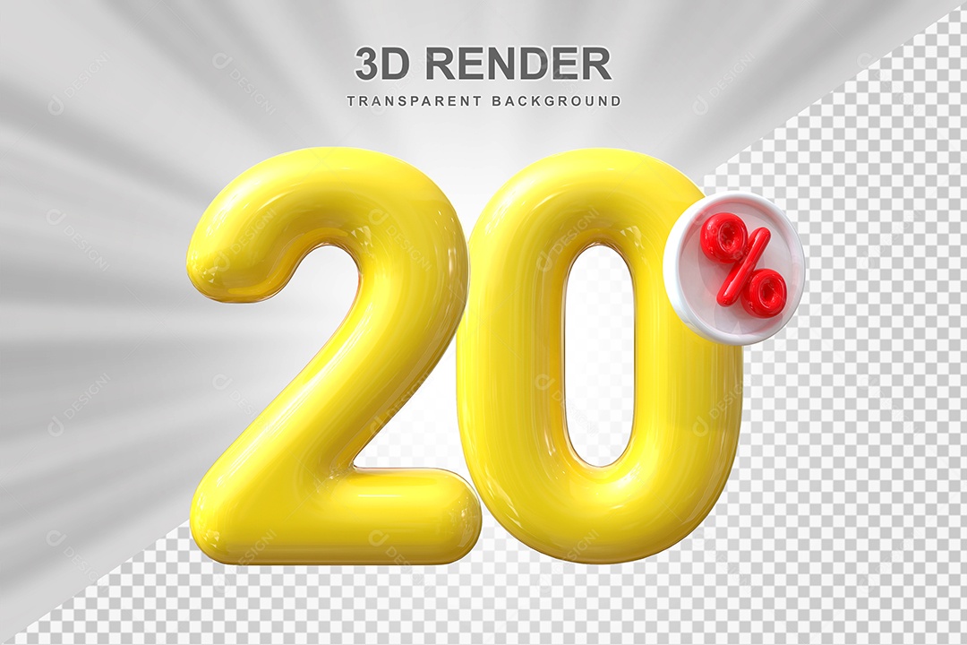 Número de Desconto 20% Elemento 3D Amarelo para Composição PSD