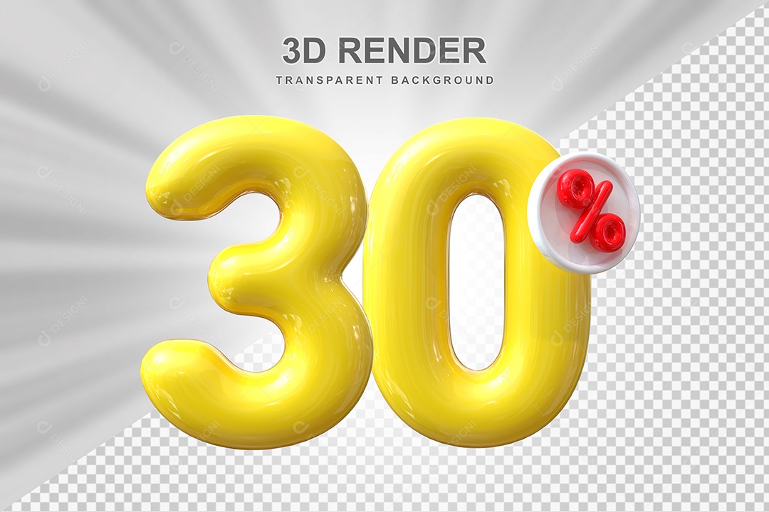 Número de Desconto 30% Elemento 3D Amarelo para Composição PSD