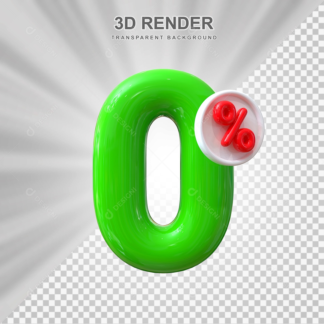Número de Desconto 0% Elemento 3D Verde para Composição PSD