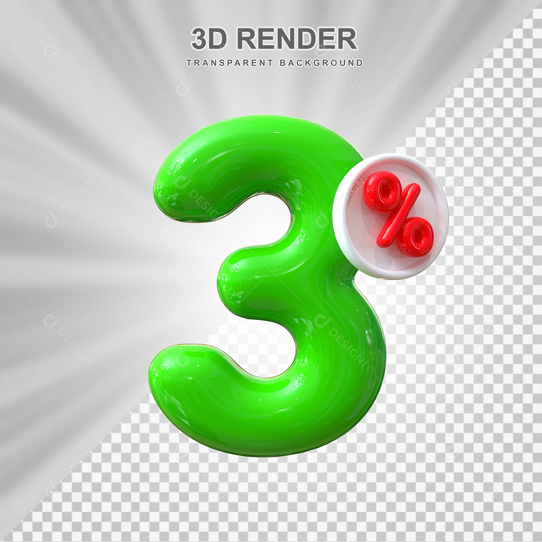 Número de Desconto 3% Elemento 3D Verde para Composição PSD