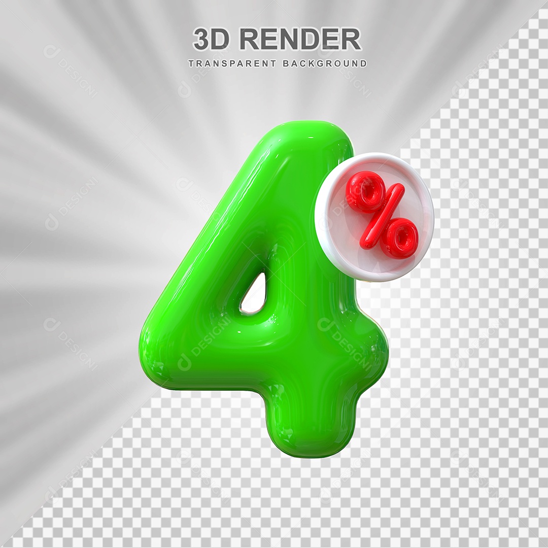 Número de Desconto 4% Elemento 3D Verde para Composição PSD