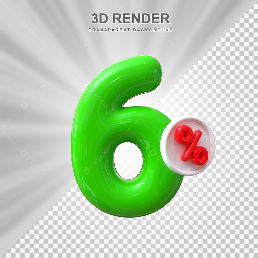Número de Desconto 6% Elemento 3D Verde para Composição PSD