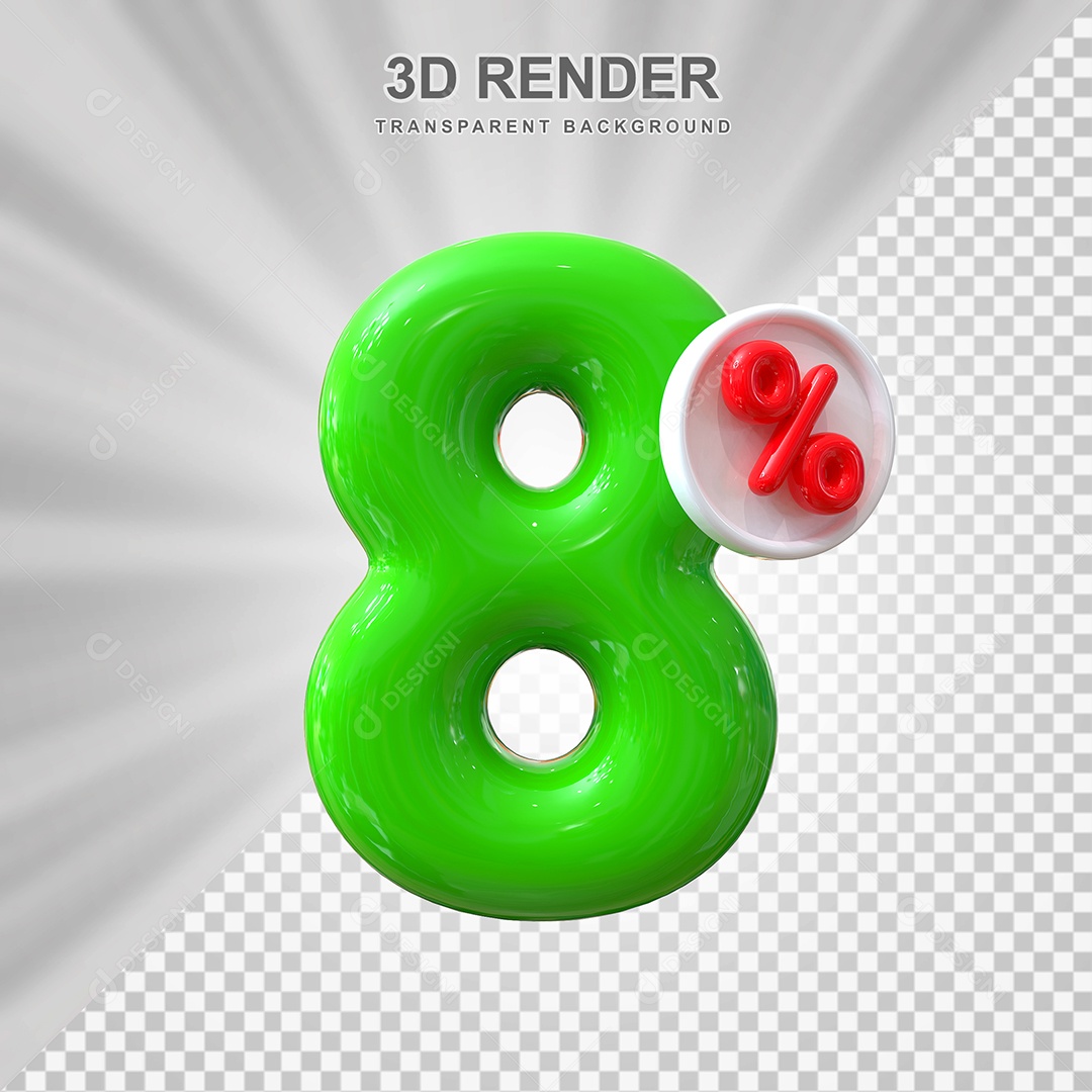Número de Desconto 8% Elemento 3D Verde para Composição PSD