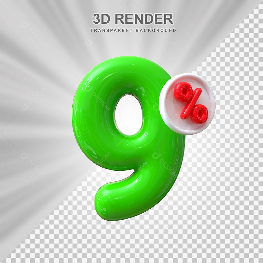 Número de Desconto 9% Elemento 3D Verde para Composição PSD