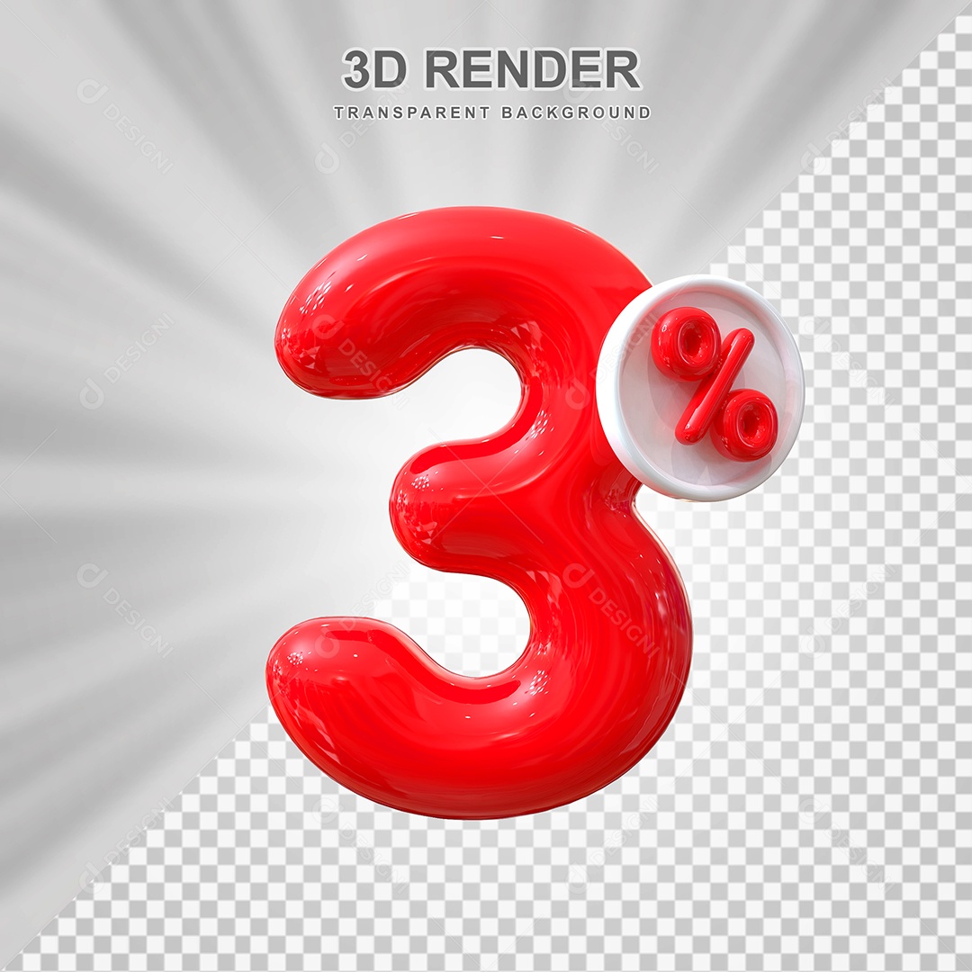 Número de Desconto 3% Elemento 3D Vermelho para Composição PSD