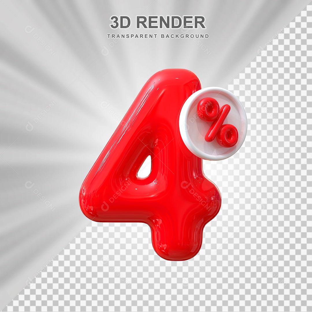 Número de Desconto 4% Elemento 3D Vermelho para Composição PSD