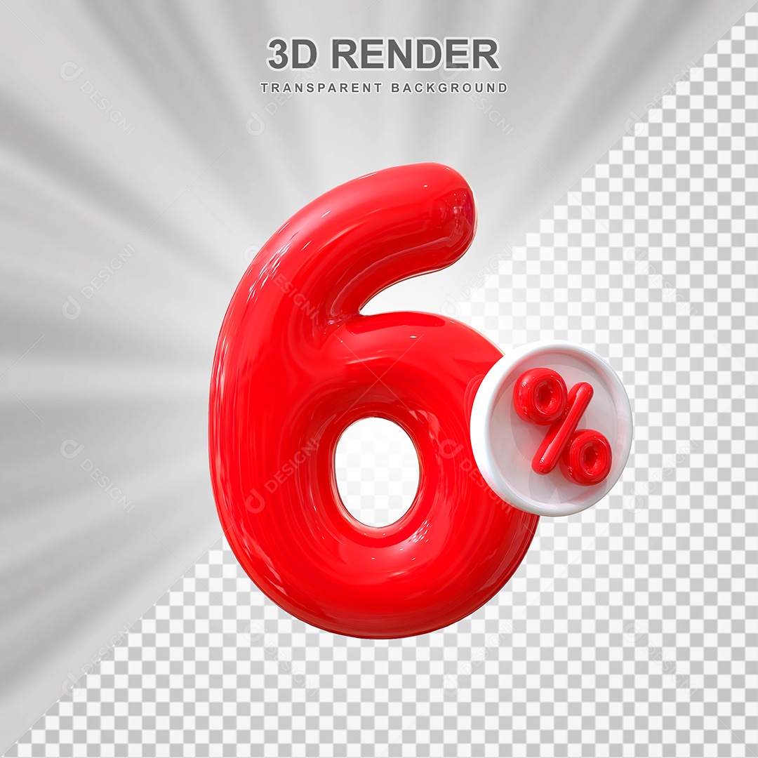 Número de Desconto 6% Elemento 3D Vermelho para Composição PSD
