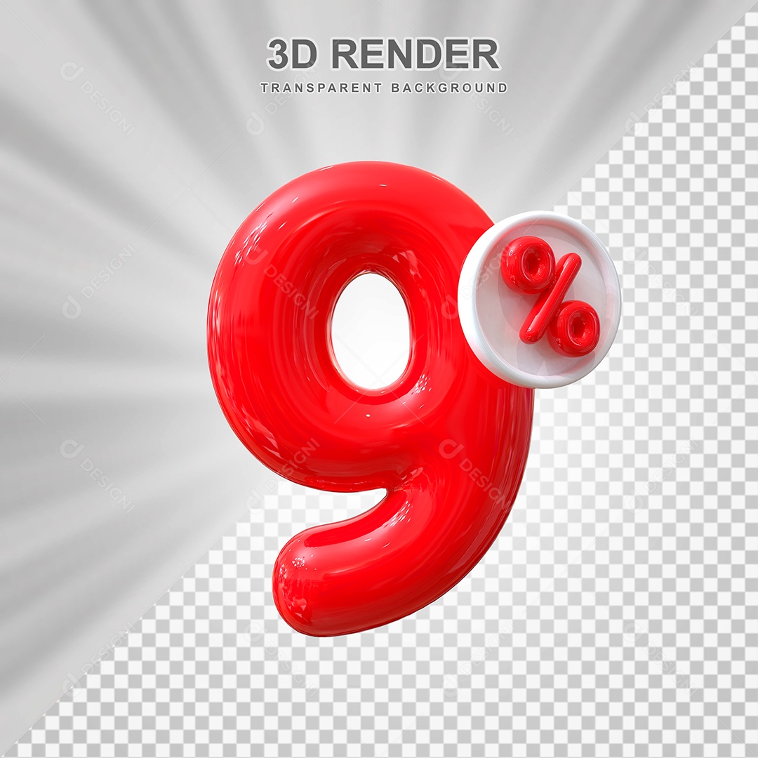 Número de Desconto 9% Elemento 3D Vermelho para Composição PSD